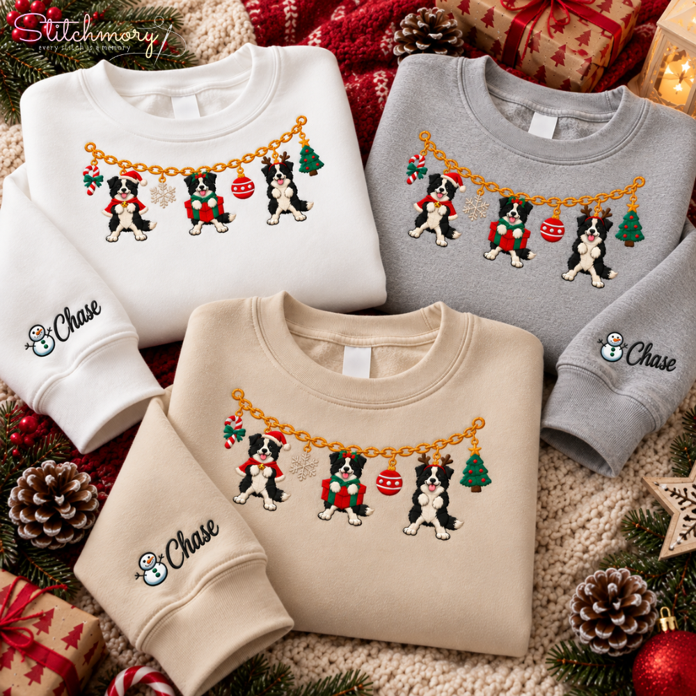 Border Collie Christmas Charm Necklace Embroidered Sweatshirt With Custom Name