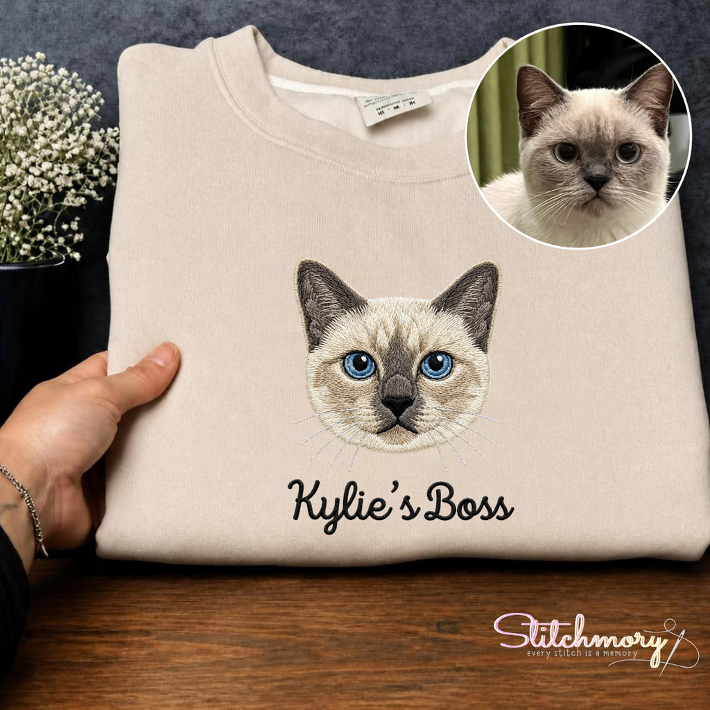 Personalized Pet Portrait Embroidered Sweatshirt, Little Boss Cat, Custom Pet Embroidery, Cat Mom Gift