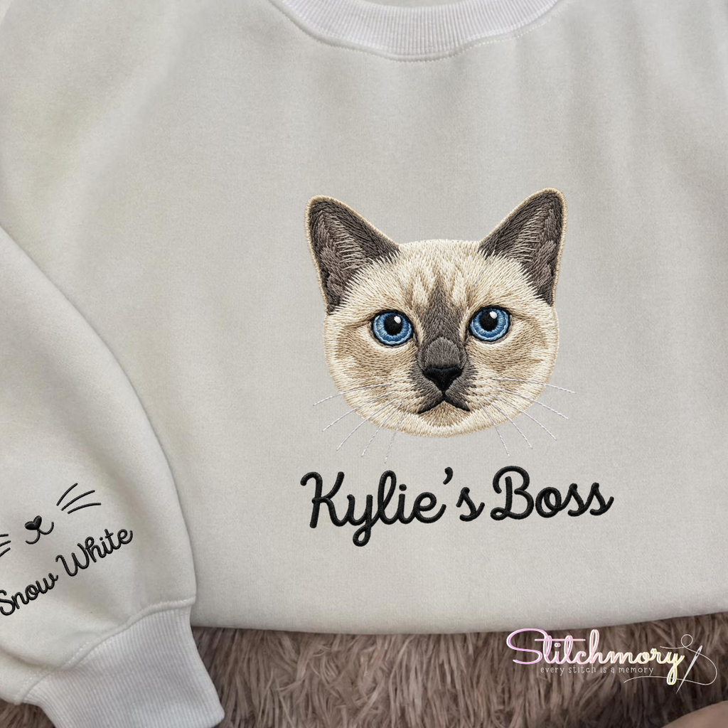 Personalized Pet Portrait Embroidered Sweatshirt, Little Boss Cat, Custom Pet Embroidery, Cat Mom Gift