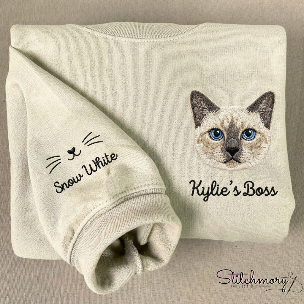 Personalized Pet Portrait Embroidered Sweatshirt, Little Boss Cat, Custom Pet Embroidery, Cat Mom Gift