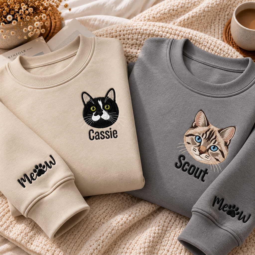 Personalized Cat Portrait Embroidered Sweatshirt with Name & Custom Sleeve Embroidery