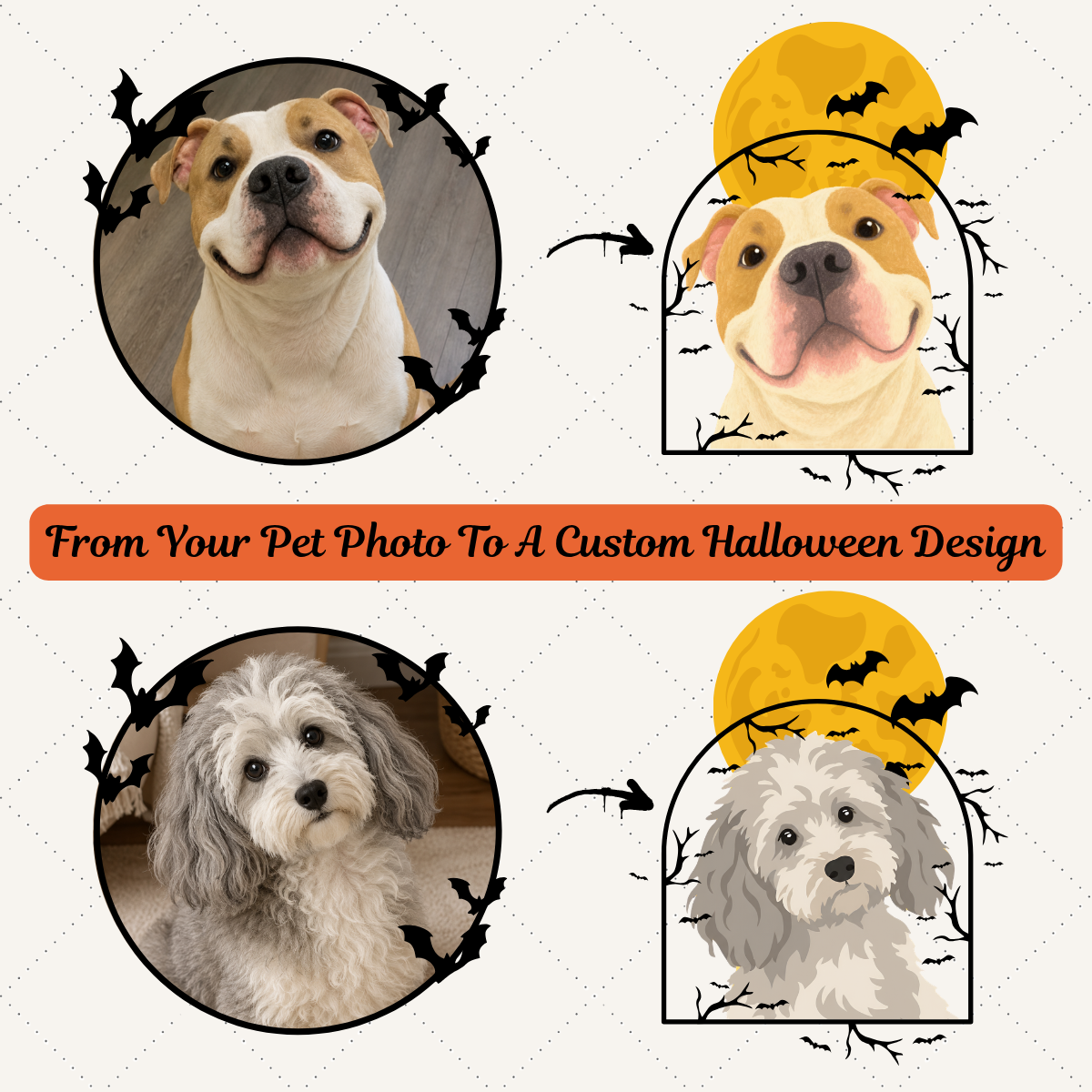 Personalized Halloween Pet Portrait Embroidered Sweatshirt, Custom Moon & Bat Embroidery with Pet Name