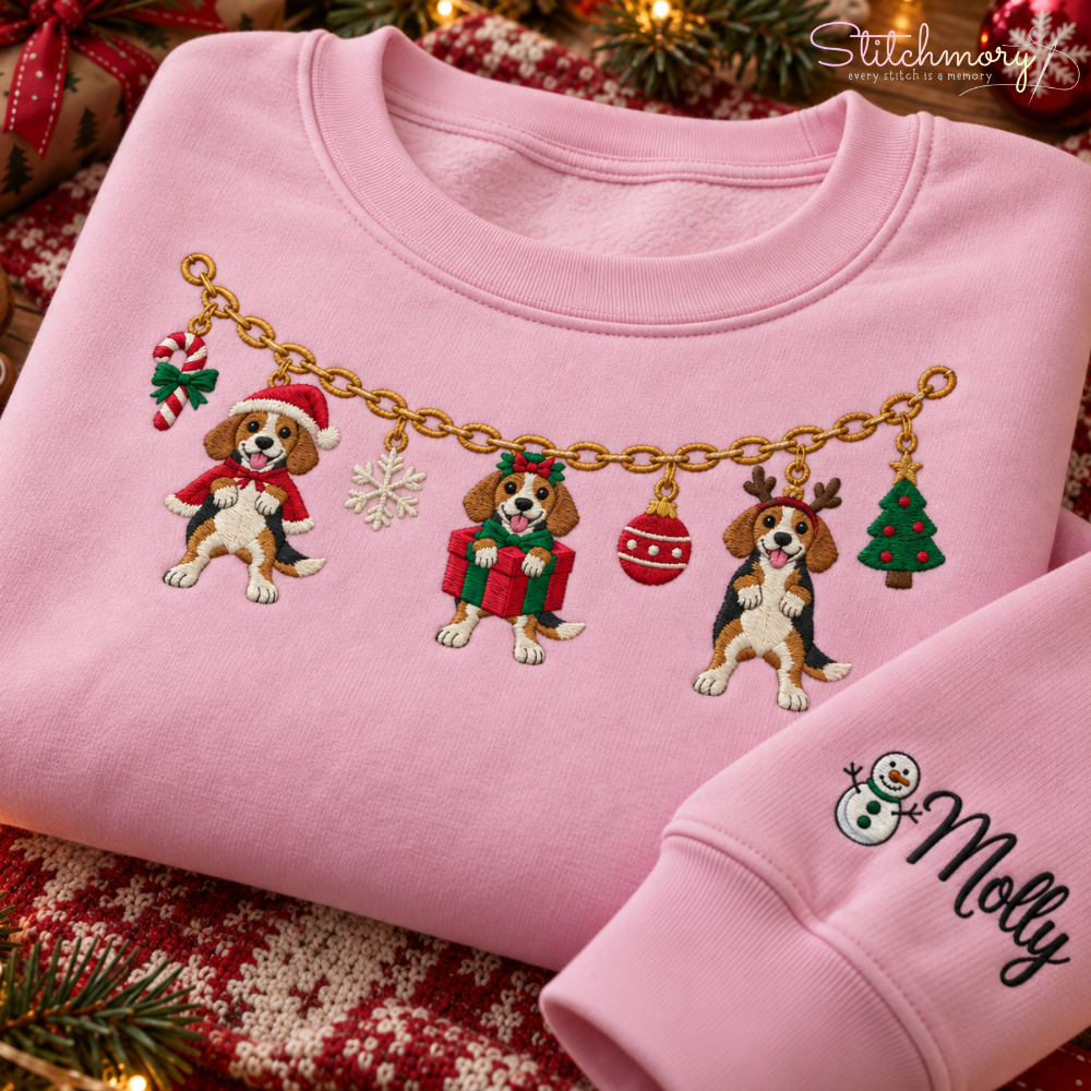 Beagle Christmas Charm Necklace Embroidered Sweatshirt with Custom Name