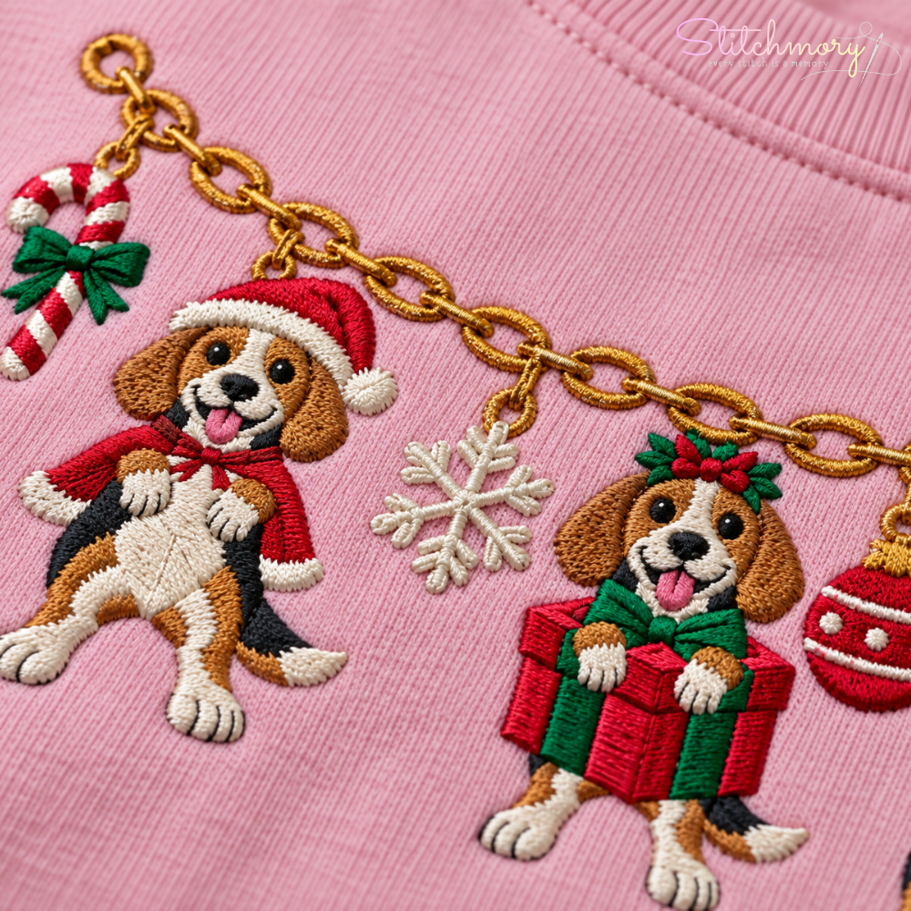 Beagle Christmas Charm Necklace Embroidered Sweatshirt with Custom Name
