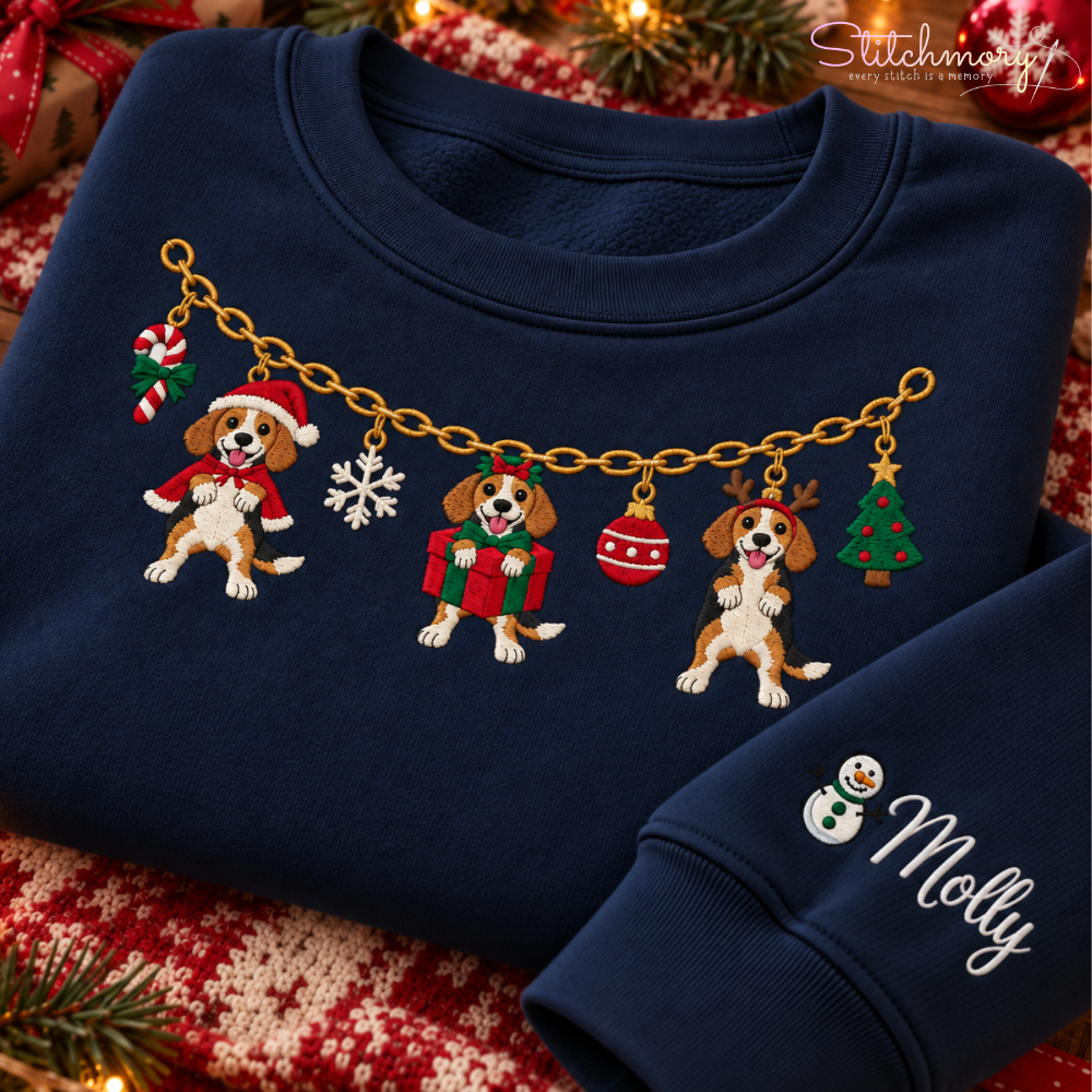 Beagle Christmas Charm Necklace Embroidered Sweatshirt with Custom Name