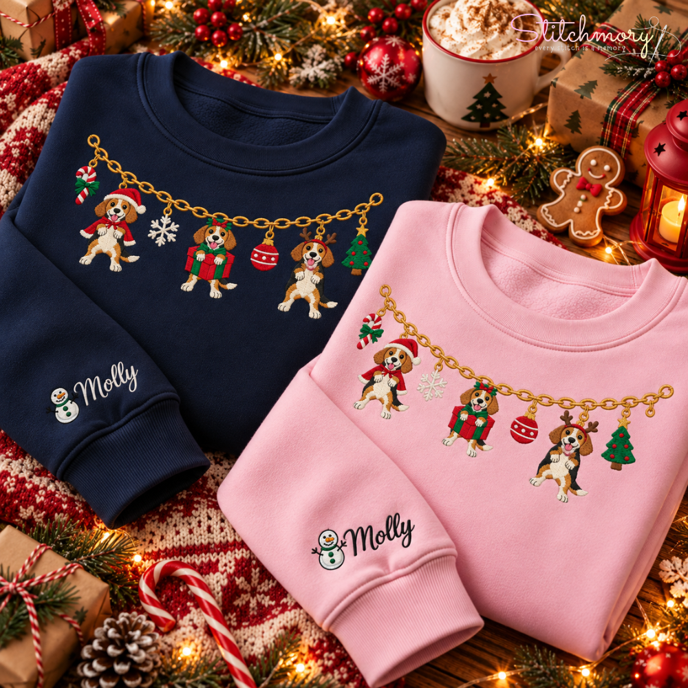 Beagle Christmas Charm Necklace Embroidered Sweatshirt with Custom Name