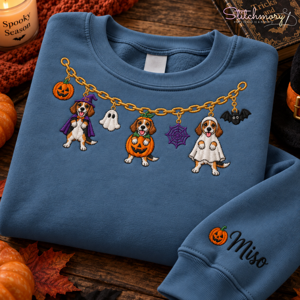 Beagle Halloween Charm Necklace Embroidered Sweatshirt with Custom Name