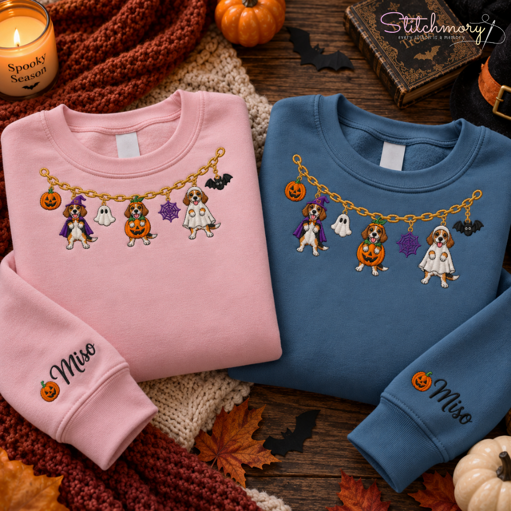 Beagle Halloween Charm Necklace Embroidered Sweatshirt with Custom Name