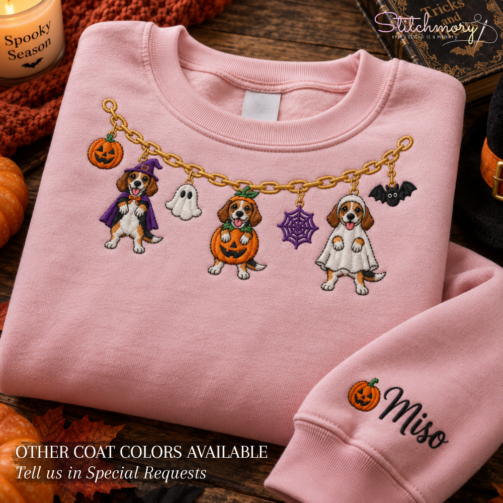 Beagle Halloween Charm Necklace Embroidered Sweatshirt with Custom Name