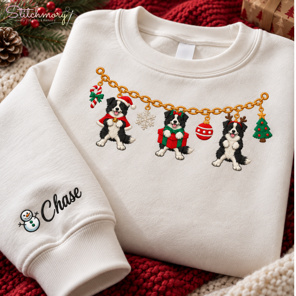 Border Collie Christmas Charm Necklace Embroidered Sweatshirt With Custom Name