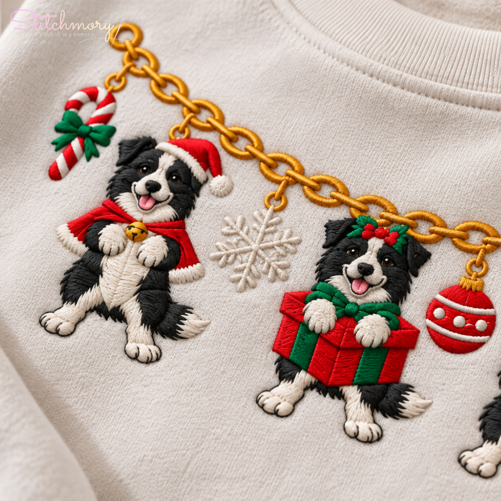 Border Collie Christmas Charm Necklace Embroidered Sweatshirt With Custom Name