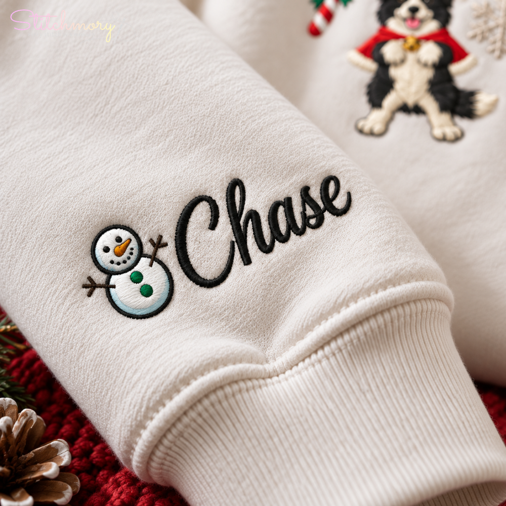 Border Collie Christmas Charm Necklace Embroidered Sweatshirt With Custom Name