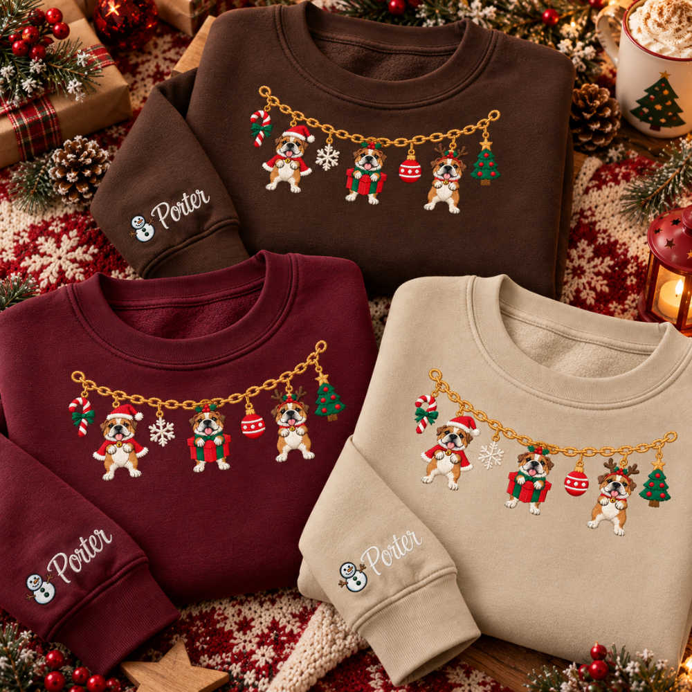 Bulldog Christmas Charm Necklace Embroidered Sweatshirt With Custom Name