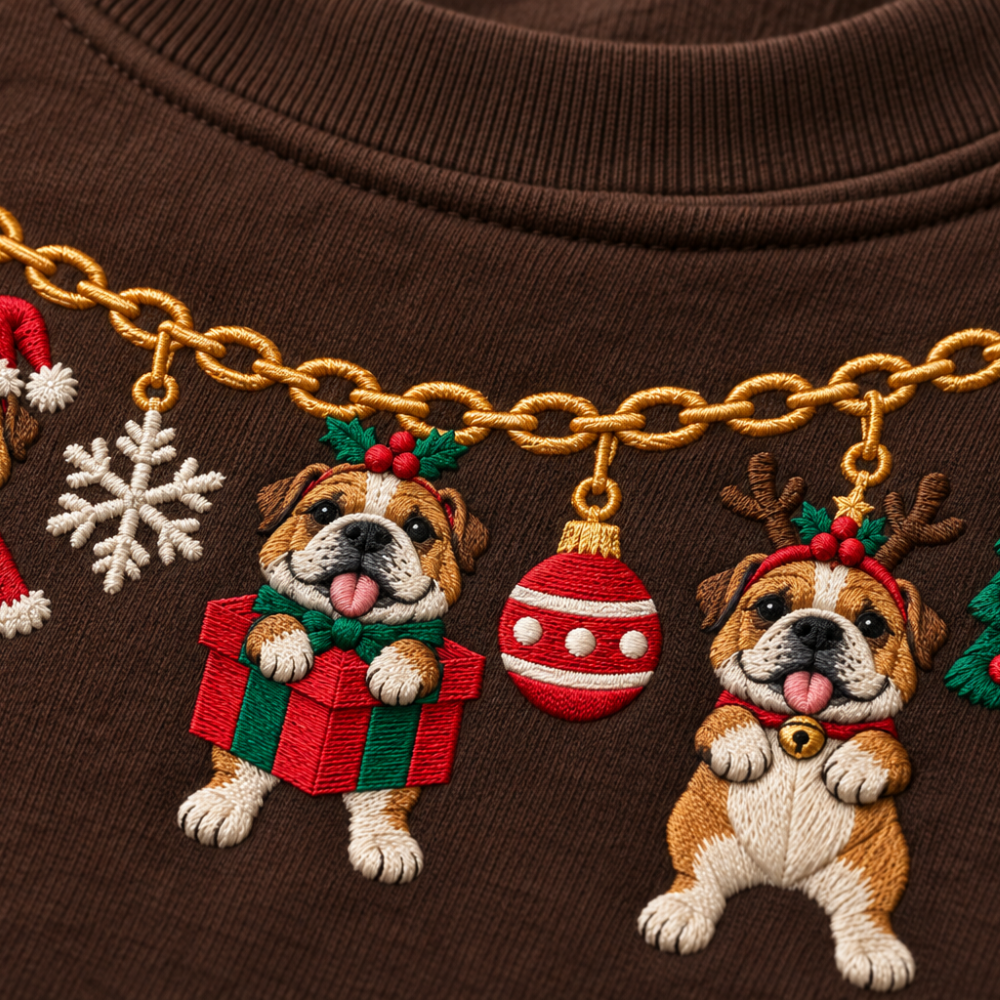 Bulldog Christmas Charm Necklace Embroidered Sweatshirt With Custom Name