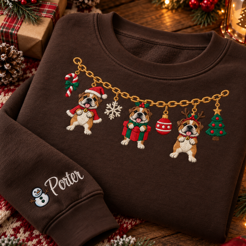 Bulldog Christmas Charm Necklace Embroidered Sweatshirt With Custom Name