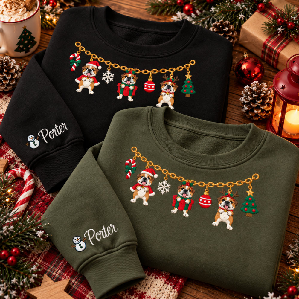Bulldog Christmas Charm Necklace Embroidered Sweatshirt With Custom Name