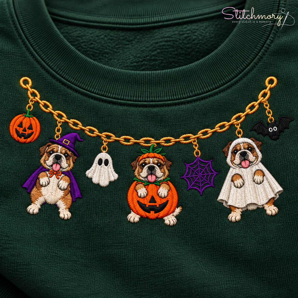 Bulldog Halloween Charm Necklace Embroidered Sweatshirt with Custom Name