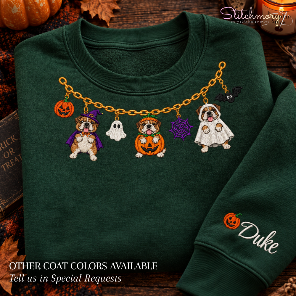 Bulldog Halloween Charm Necklace Embroidered Sweatshirt with Custom Name