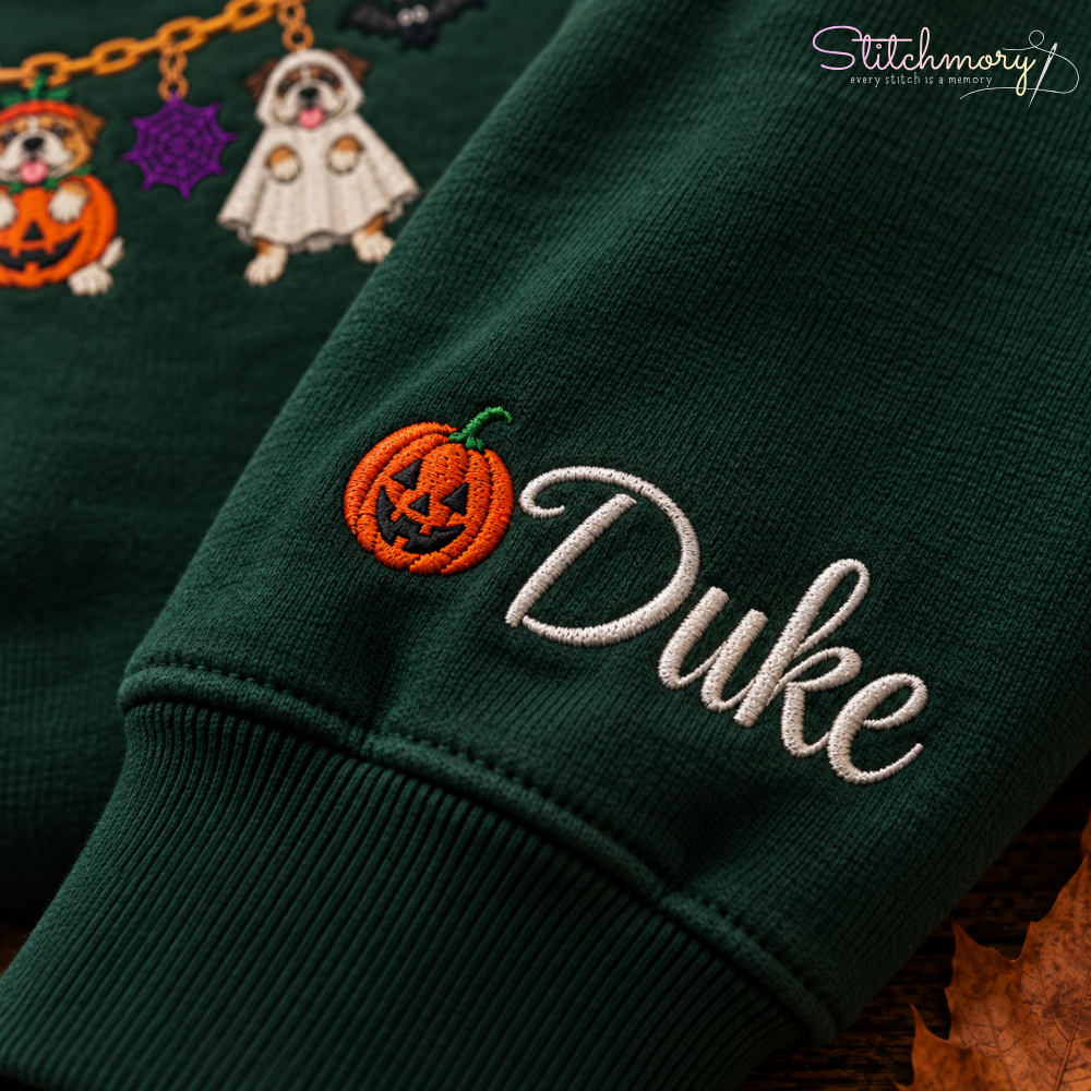 Bulldog Halloween Charm Necklace Embroidered Sweatshirt with Custom Name