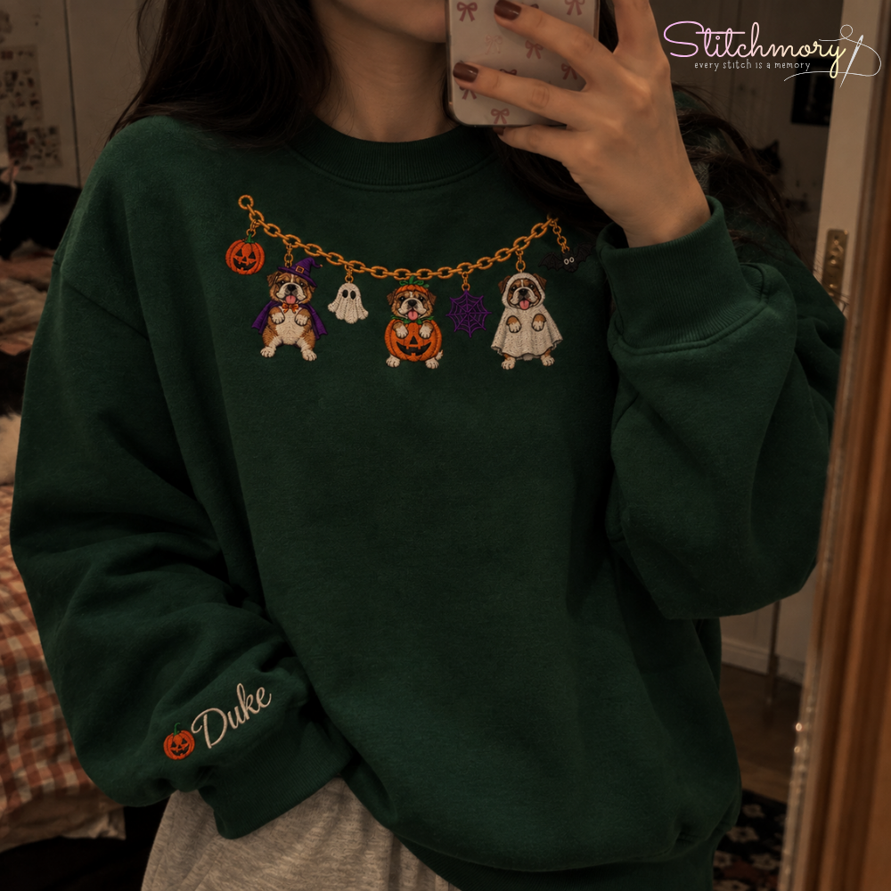 Bulldog Halloween Charm Necklace Embroidered Sweatshirt with Custom Name