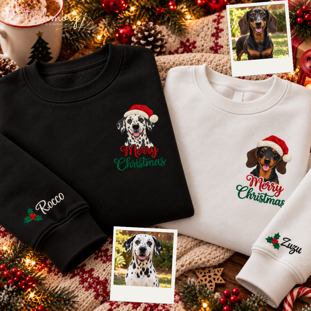 Custom Dog Portrait Merry Christmas Embroidered Sweatshirt – Personalized Pet Name, Christmas Gift for Dog Lovers