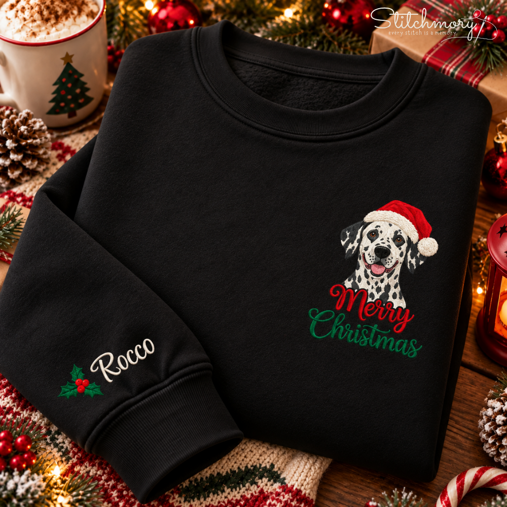 Custom Dog Portrait Merry Christmas Embroidered Sweatshirt – Personalized Pet Name, Christmas Gift for Dog Lovers