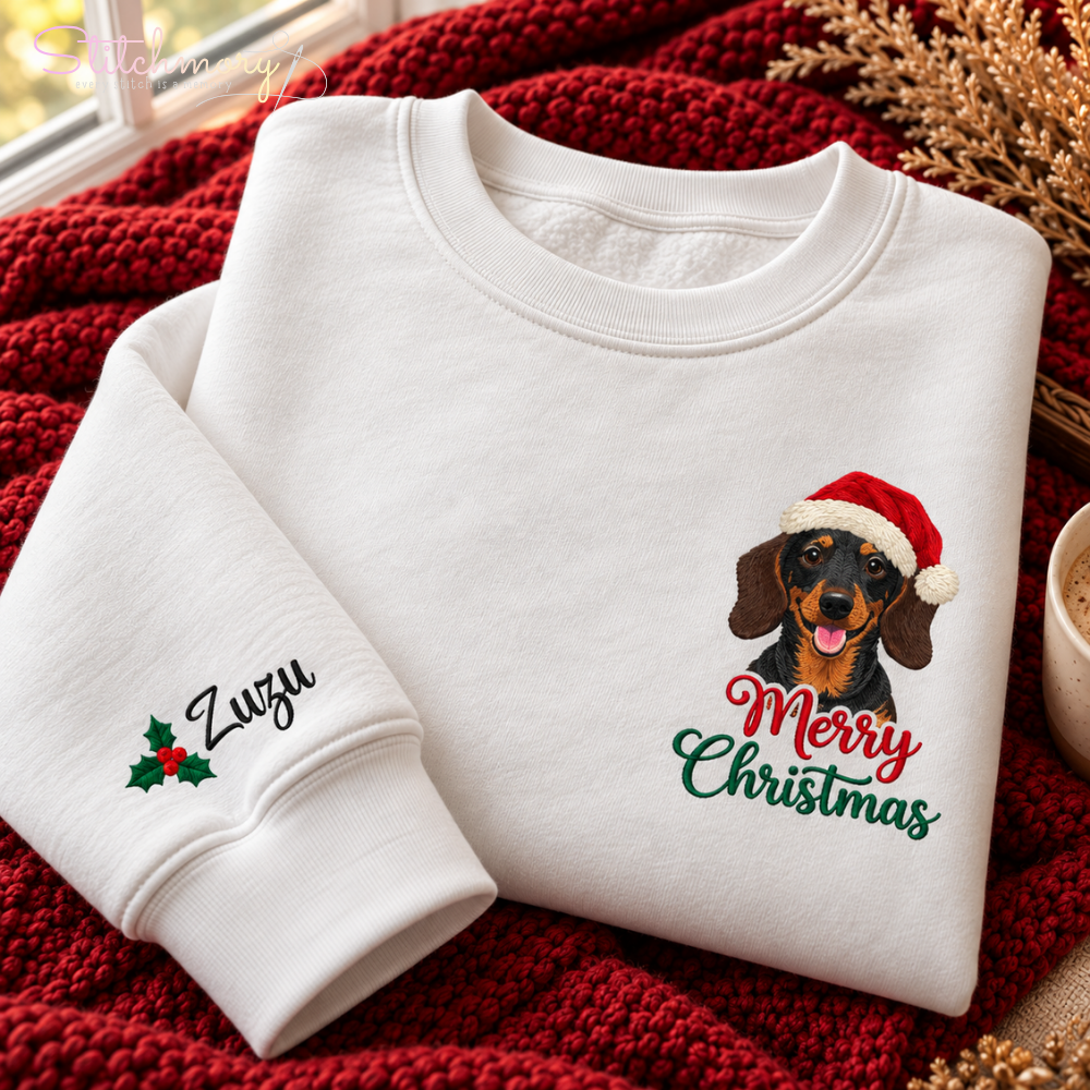 Custom Dog Portrait Merry Christmas Embroidered Sweatshirt – Personalized Pet Name, Christmas Gift for Dog Lovers