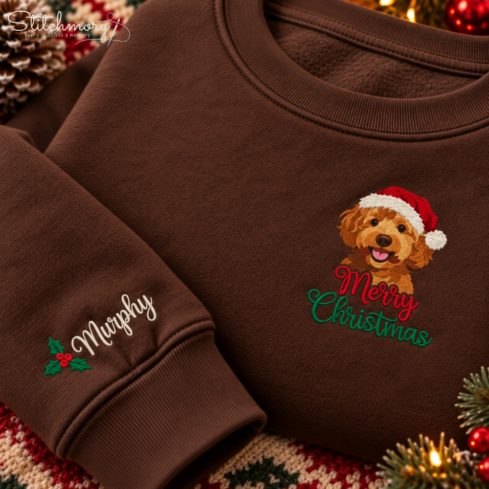 Custom Merry Christmas Dog Portrait Embroidered Sweatshirt – Personalized Pet Name, Christmas Gift for Dog Lovers