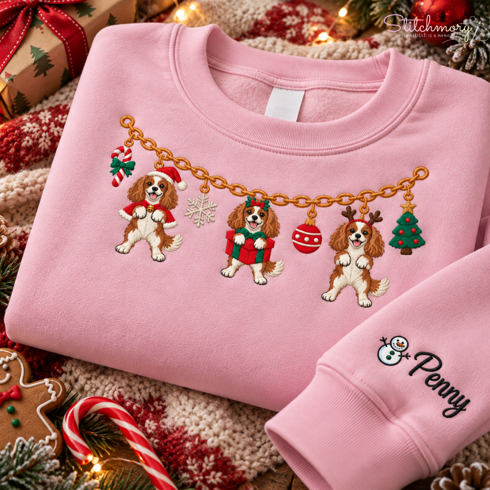 Cavalier King Charles Spaniel Christmas Charm Necklace Embroidered Sweatshirt With Custom Name