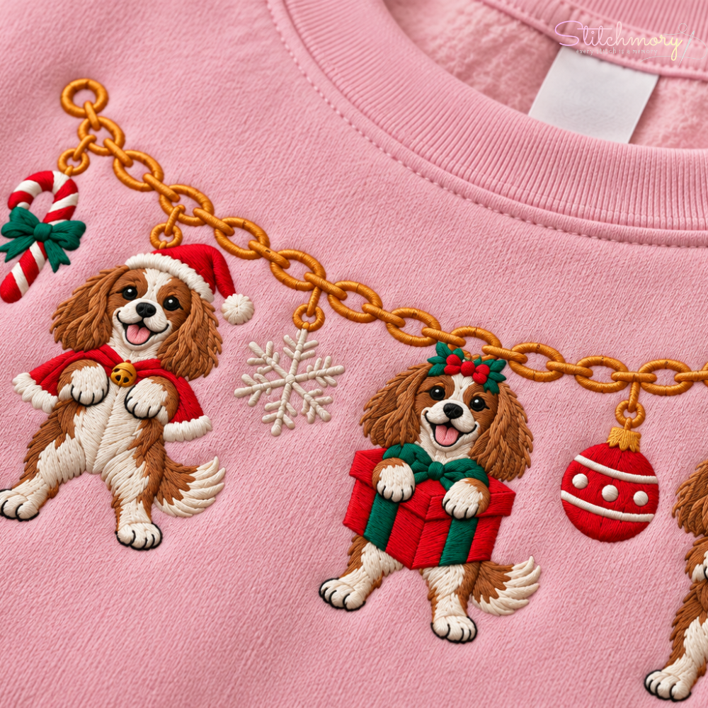 Cavalier King Charles Spaniel Christmas Charm Necklace Embroidered Sweatshirt With Custom Name