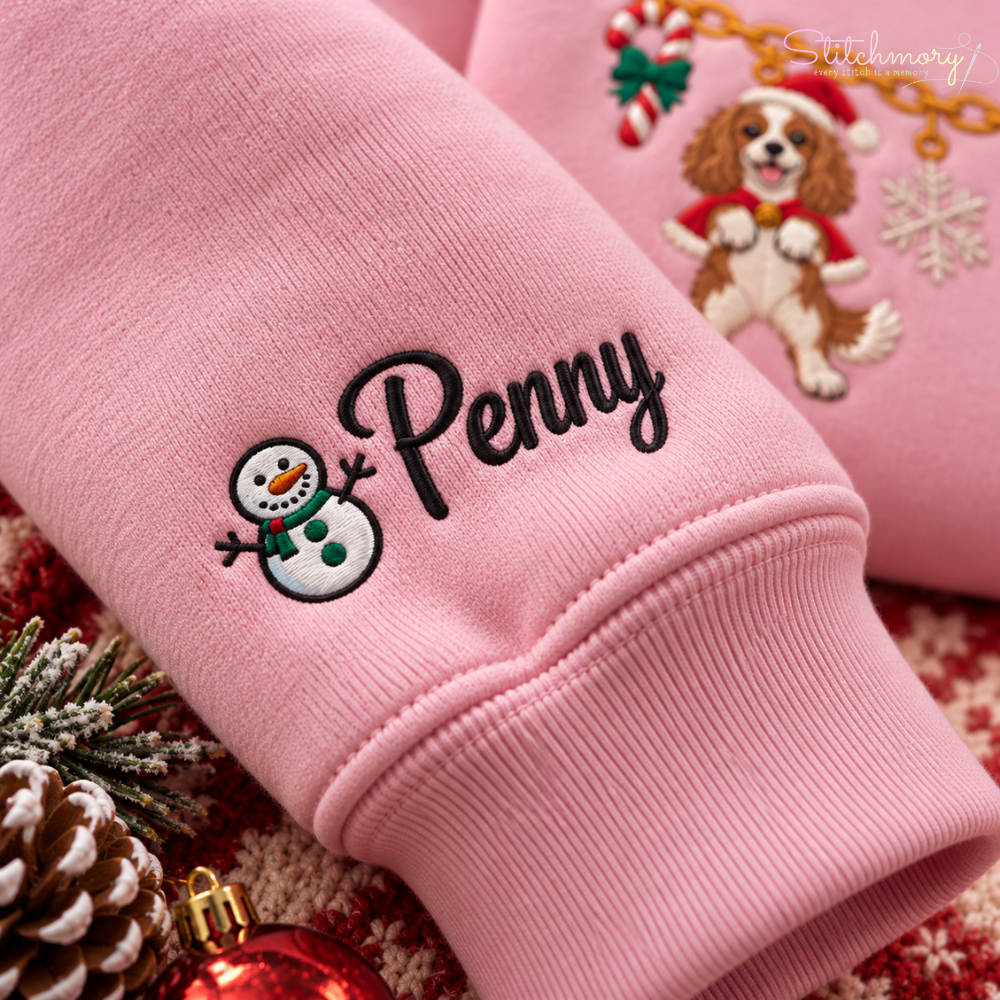 Cavalier King Charles Spaniel Christmas Charm Necklace Embroidered Sweatshirt With Custom Name