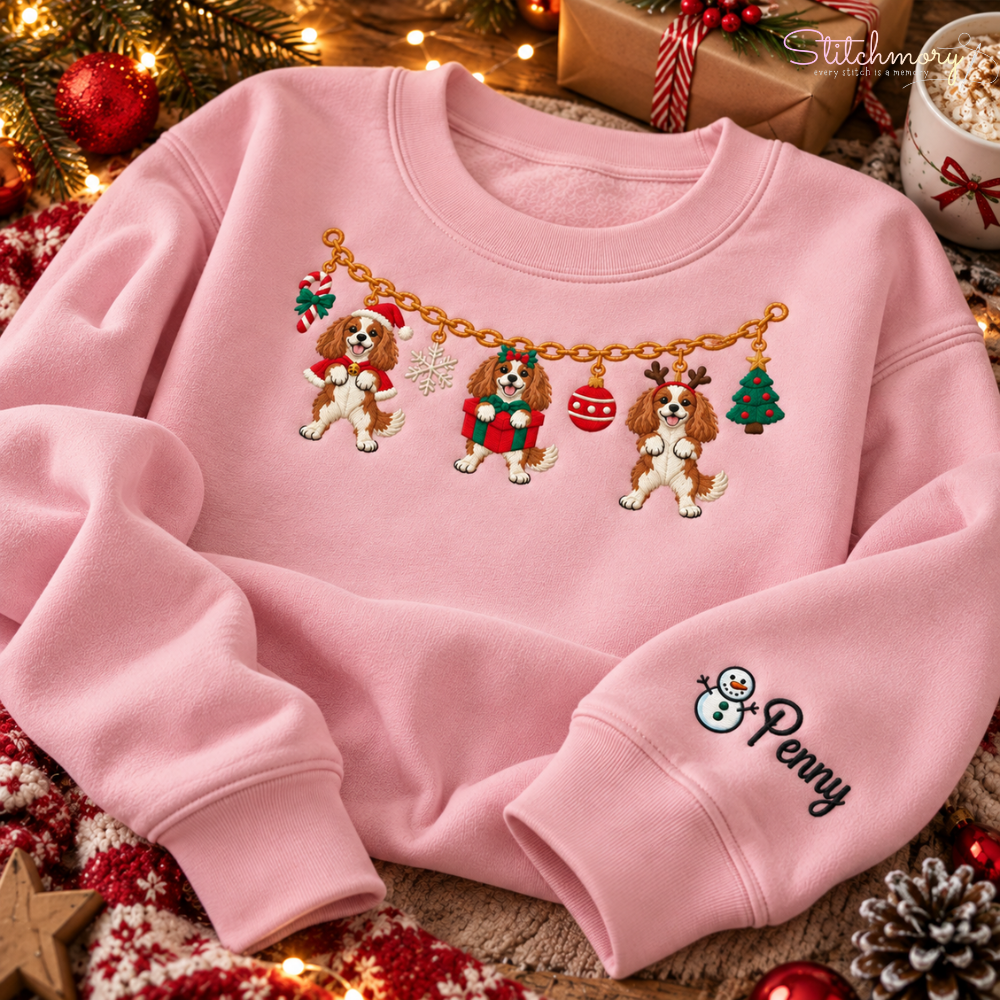 Cavalier King Charles Spaniel Christmas Charm Necklace Embroidered Sweatshirt With Custom Name