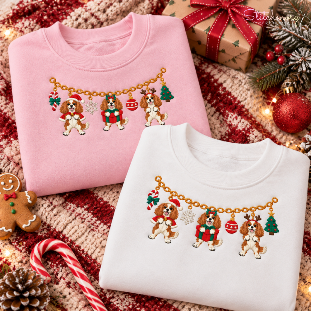 Cavalier King Charles Spaniel Christmas Charm Necklace Embroidered Sweatshirt With Custom Name