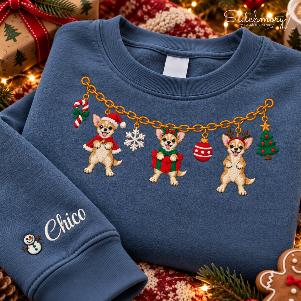 Chihuahua Christmas Charm Necklace Embroidered Sweatshirt With Custom Name