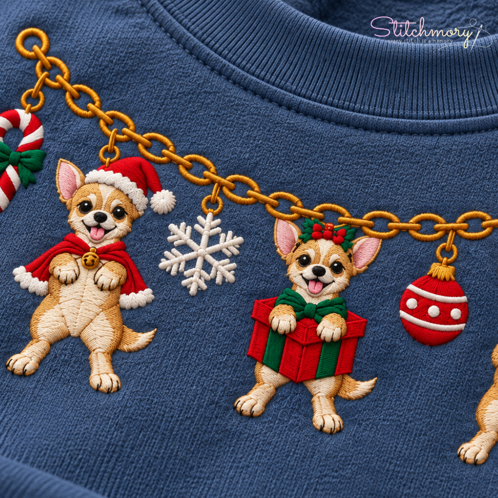 Chihuahua Christmas Charm Necklace Embroidered Sweatshirt With Custom Name