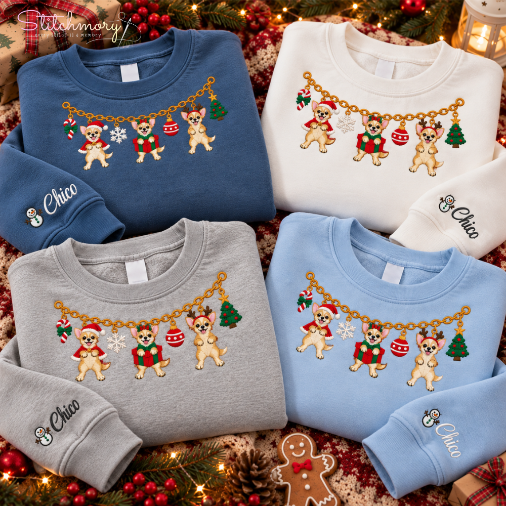 Chihuahua Christmas Charm Necklace Embroidered Sweatshirt With Custom Name