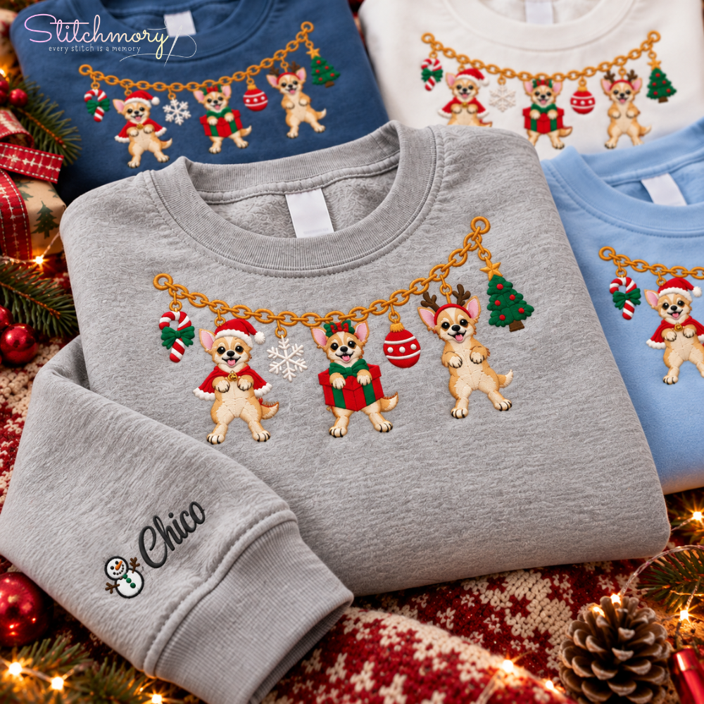 Chihuahua Christmas Charm Necklace Embroidered Sweatshirt With Custom Name