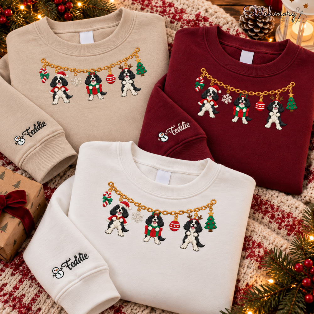 Cocker Spaniel Christmas Charm Necklace Embroidered Sweatshirt With Custom Name