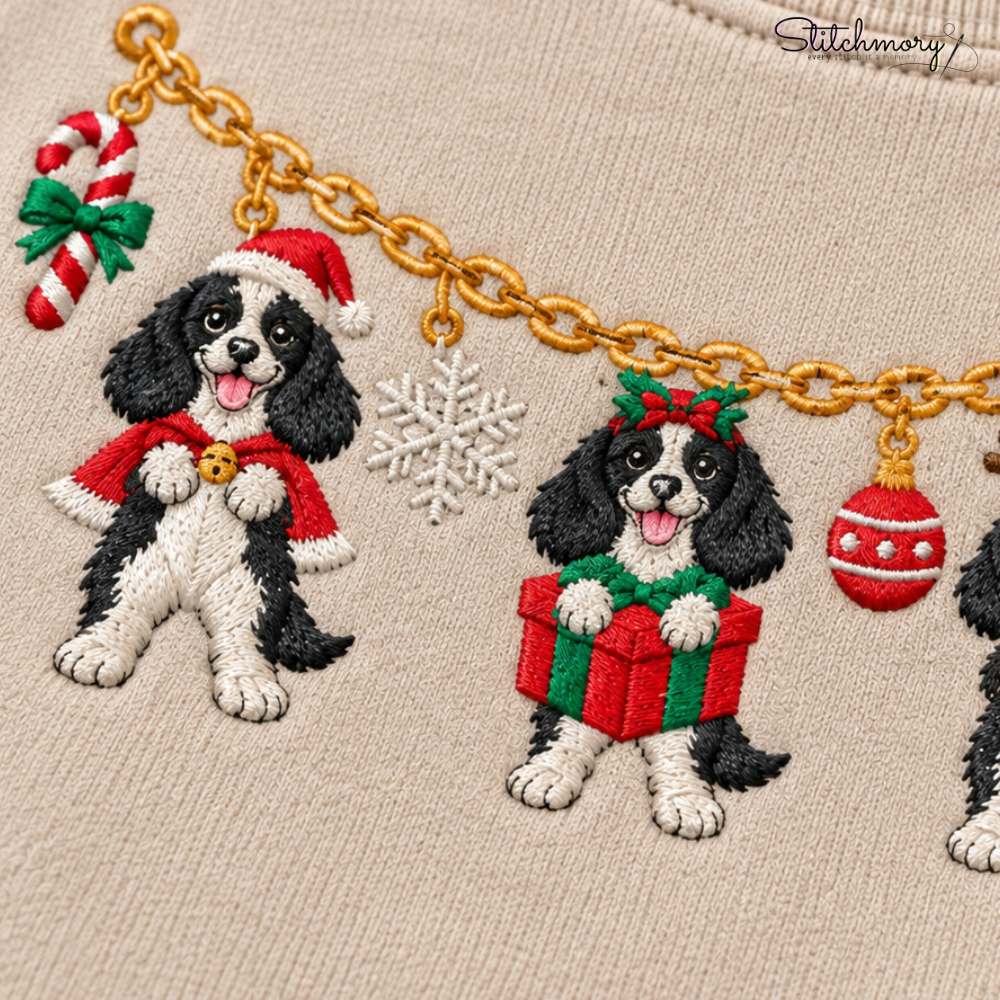 Cocker Spaniel Christmas Charm Necklace Embroidered Sweatshirt With Custom Name