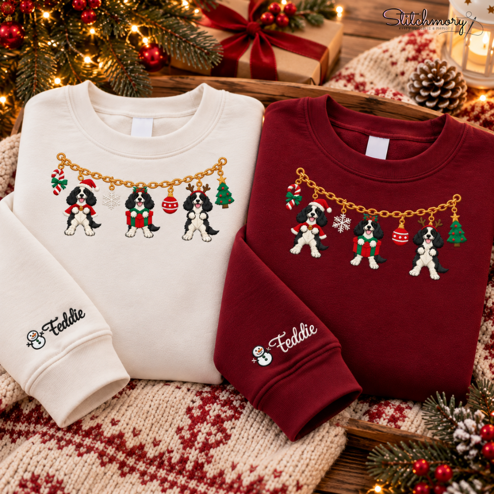 Cocker Spaniel Christmas Charm Necklace Embroidered Sweatshirt With Custom Name