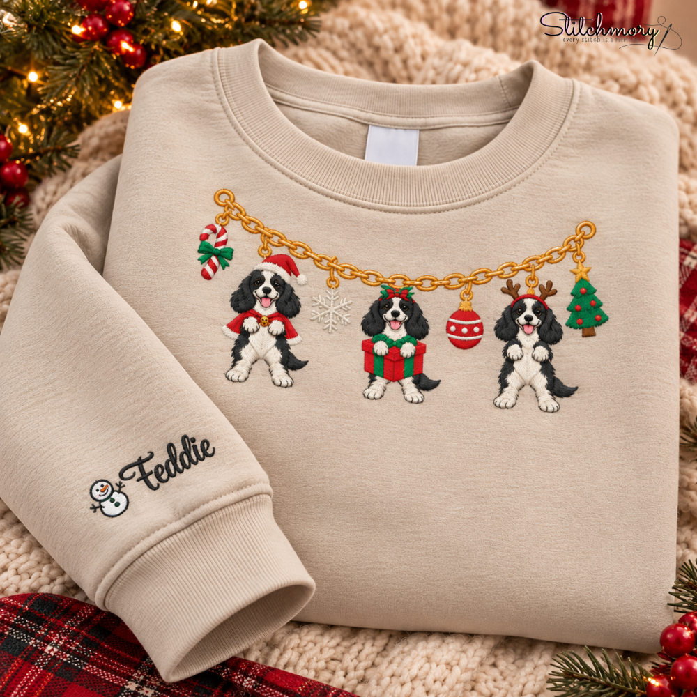 Cocker Spaniel Christmas Charm Necklace Embroidered Sweatshirt With Custom Name