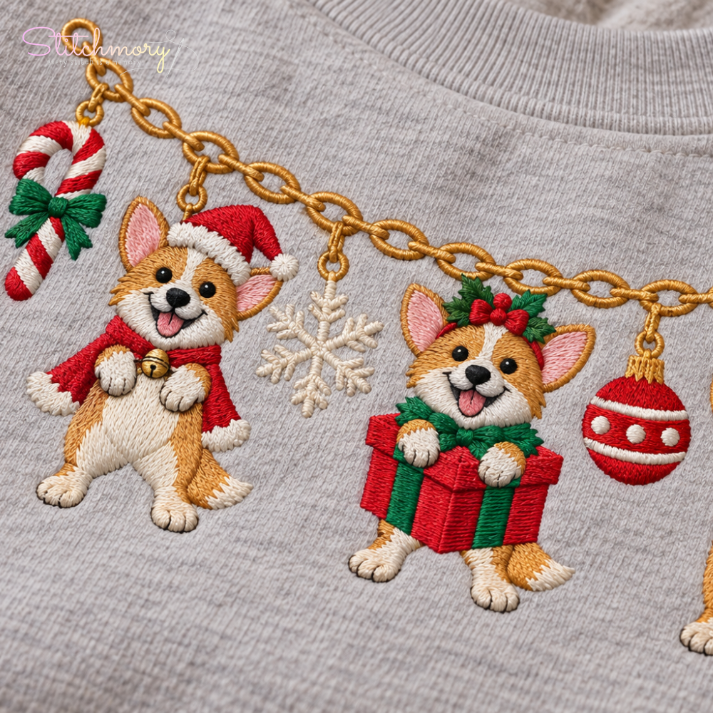 Corgi Christmas Charm Necklace Embroidered Sweatshirt With Custom Name, Gifts For Corgi Lovers
