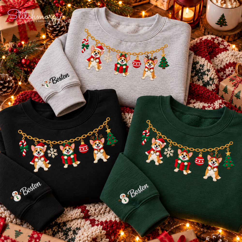Corgi Christmas Charm Necklace Embroidered Sweatshirt With Custom Name, Gifts For Corgi Lovers