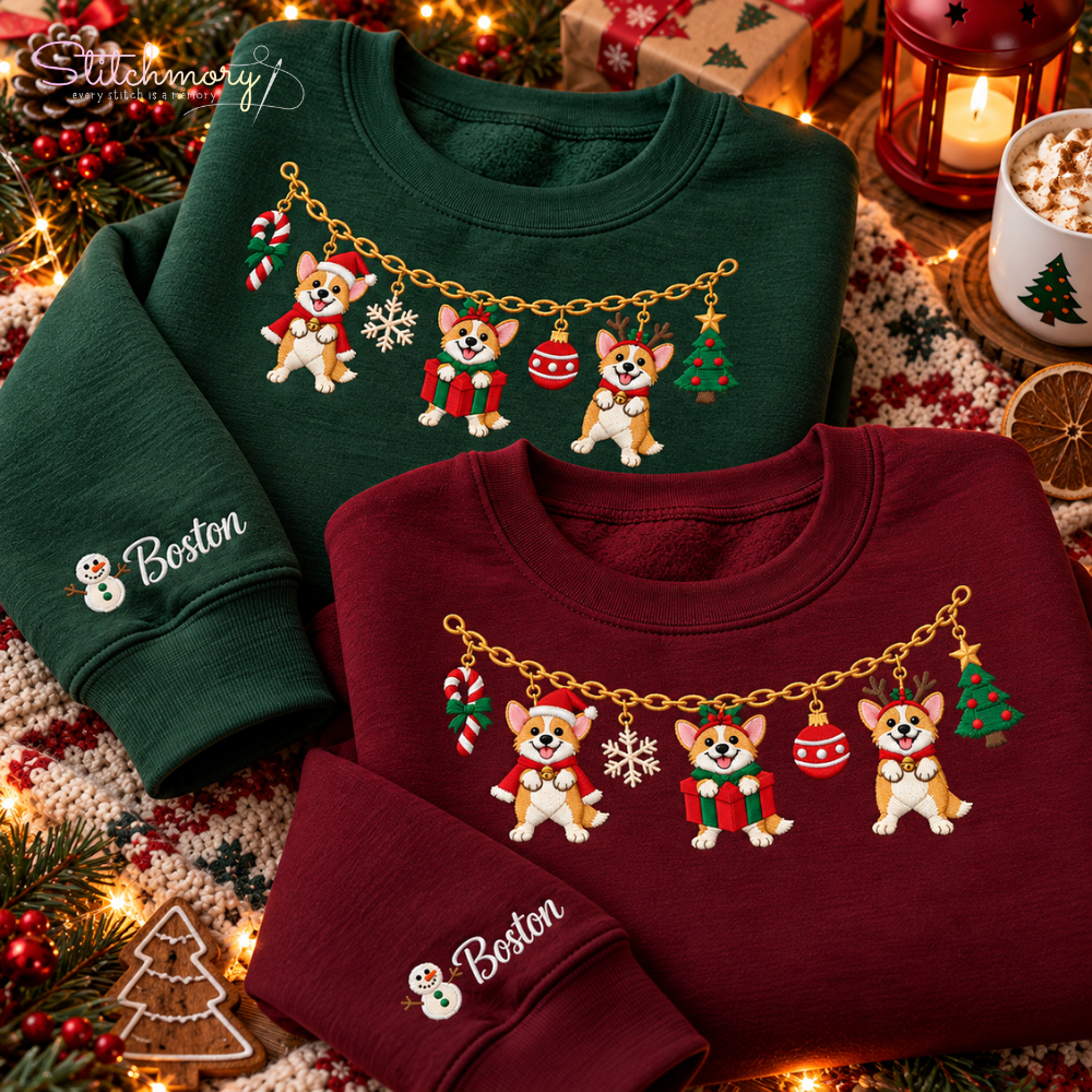 Corgi Christmas Charm Necklace Embroidered Sweatshirt With Custom Name, Gifts For Corgi Lovers