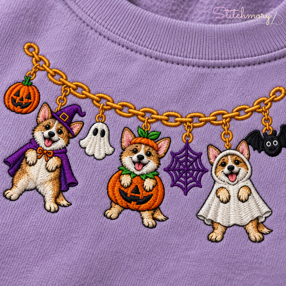 Corgi Halloween Charm Necklace Embroidered Sweatshirt With Custom Name