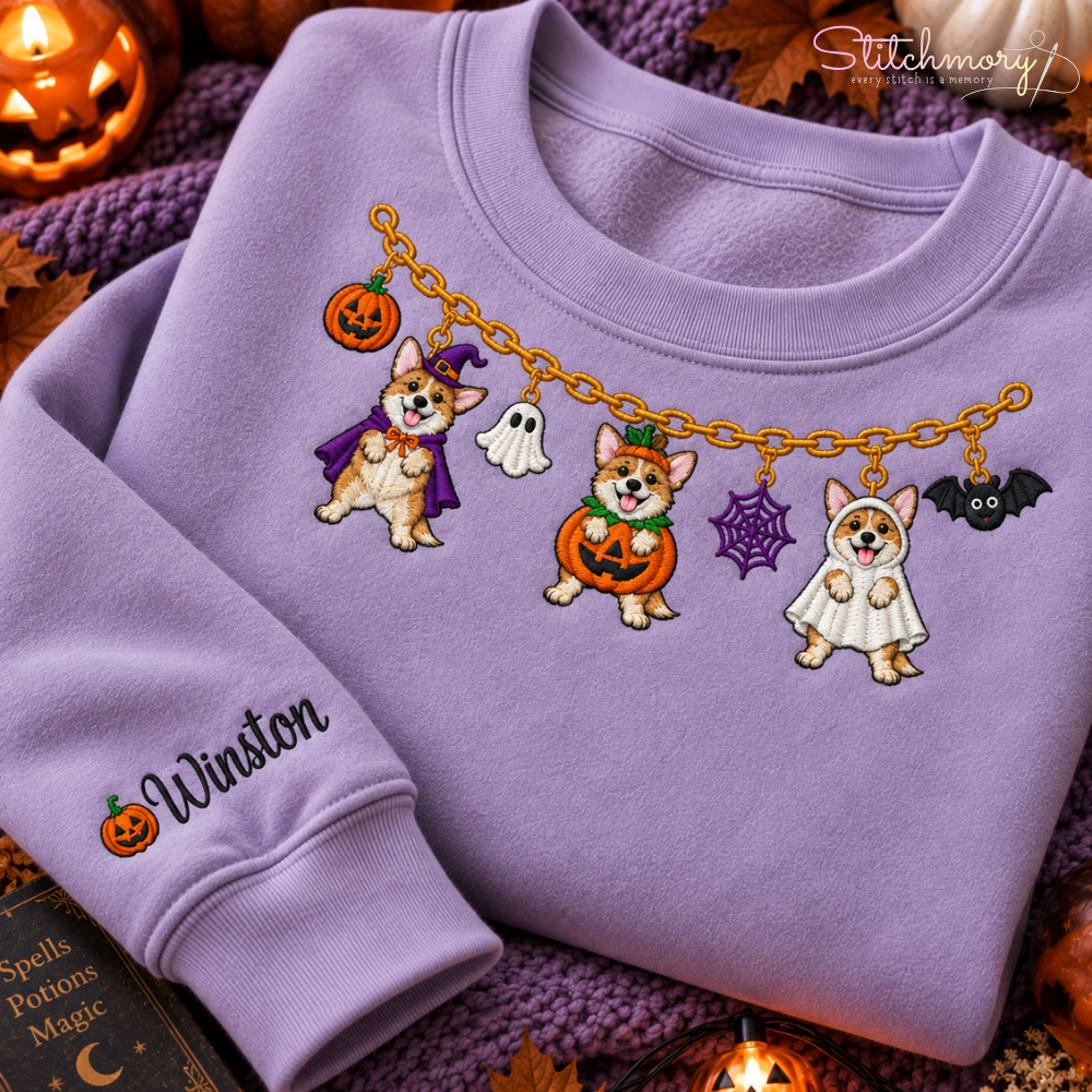 Corgi Halloween Charm Necklace Embroidered Sweatshirt With Custom Name