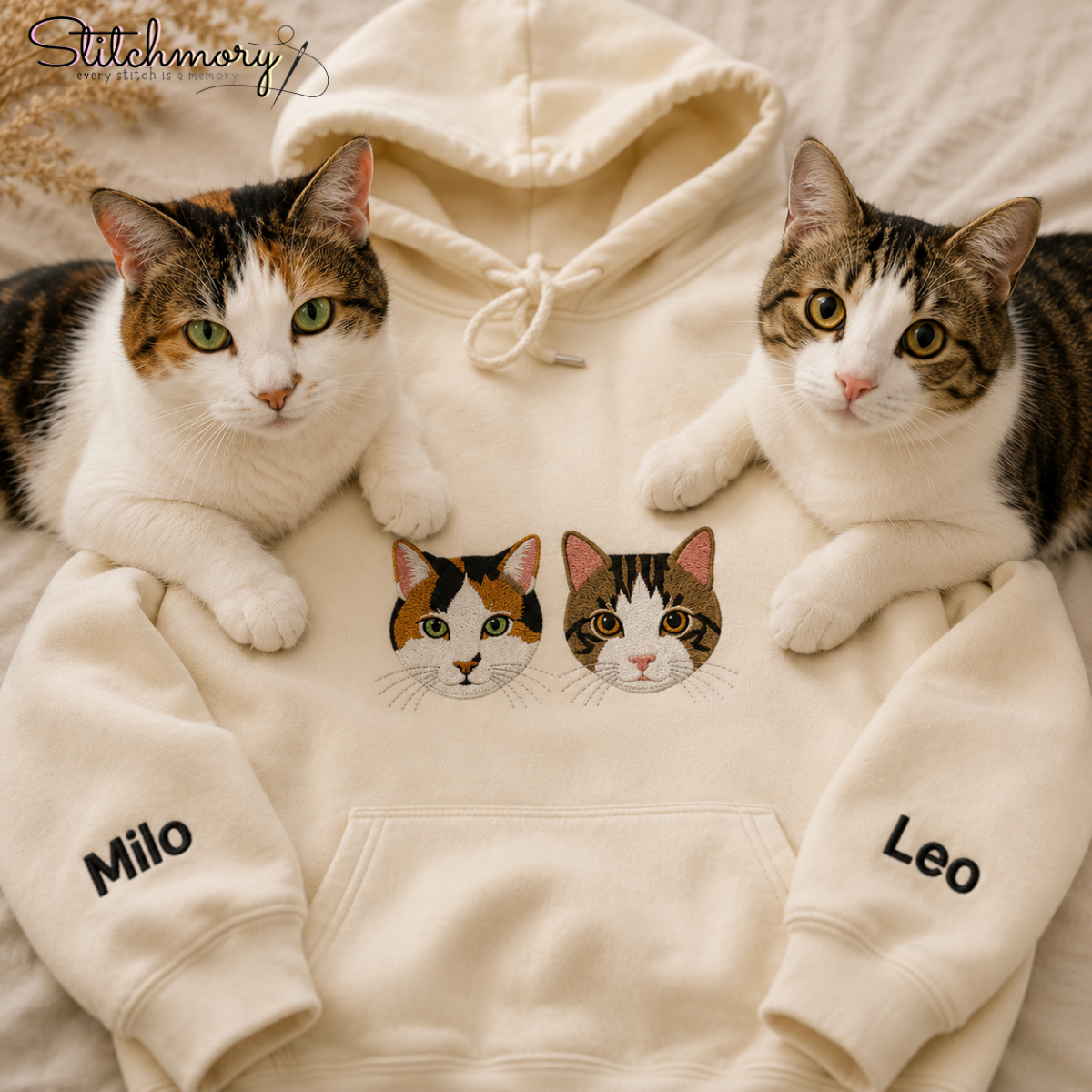 Custom Two Pet Embroidered Hoodie with Names, Personalized Pet Portrait Hoodie