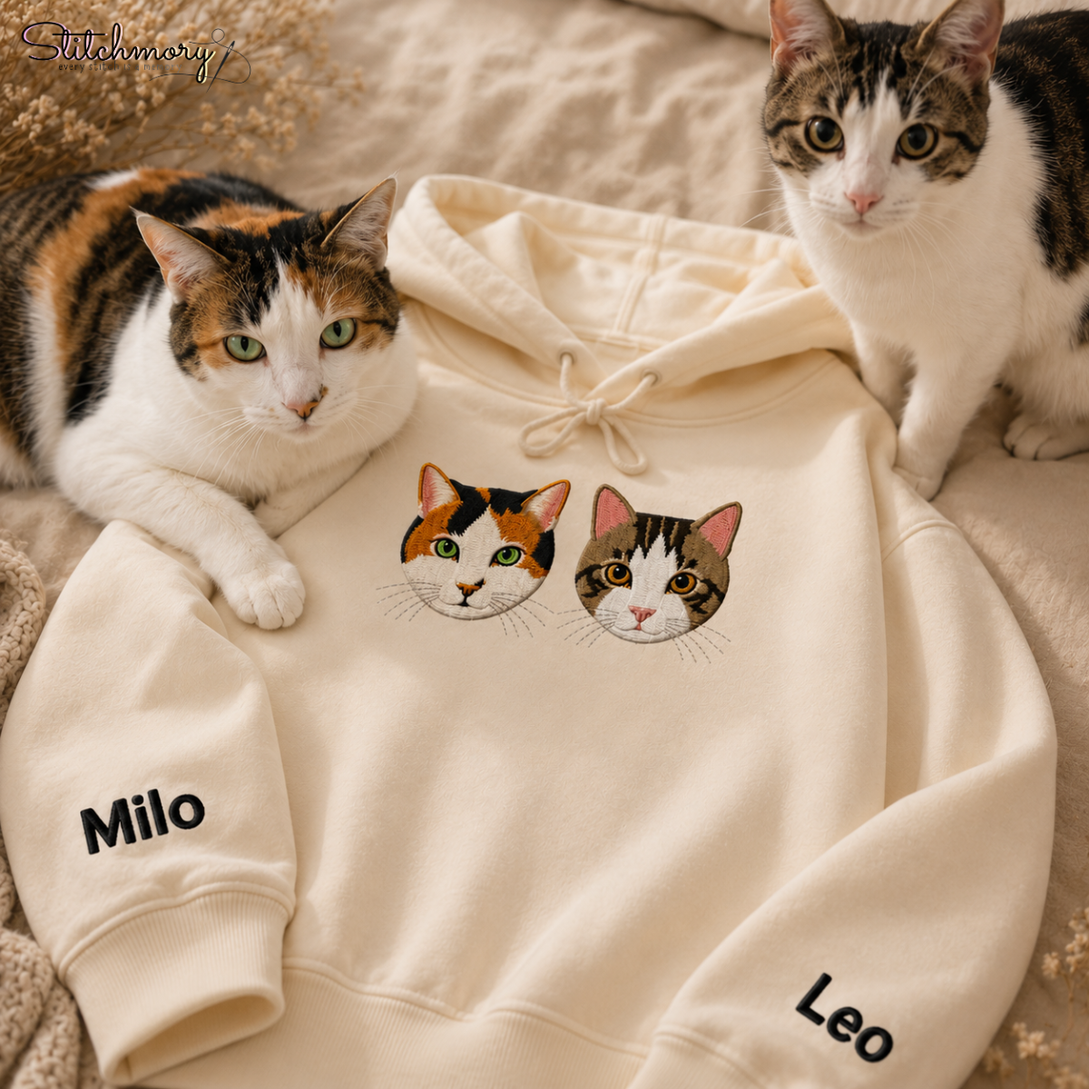 Custom Two Pet Embroidered Hoodie with Names, Personalized Pet Portrait Hoodie
