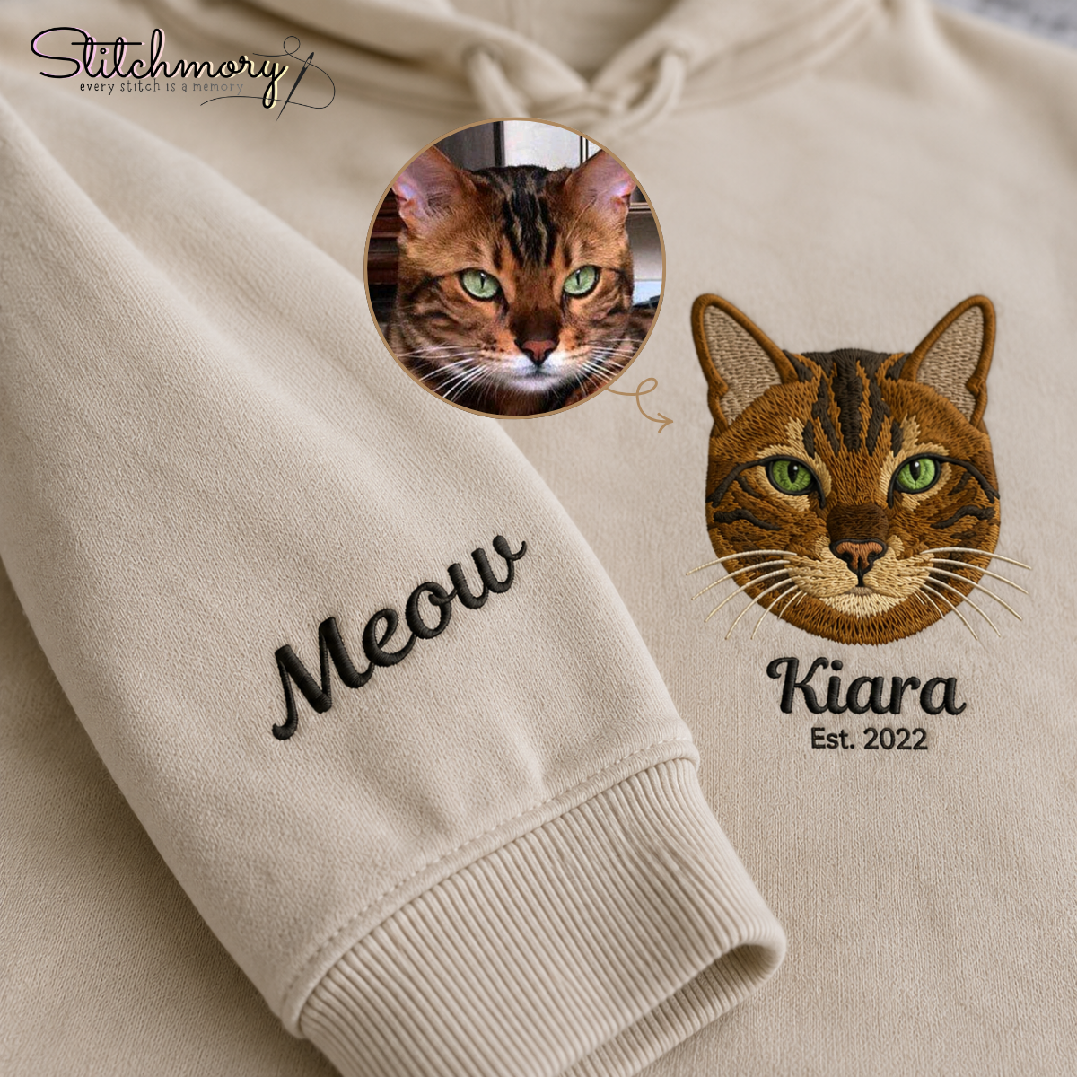Custom Bengal Cat Embroidered Hoodie, Personalized Custom Pet Portrait with Name, Custom Cat Embroidered Hoodie