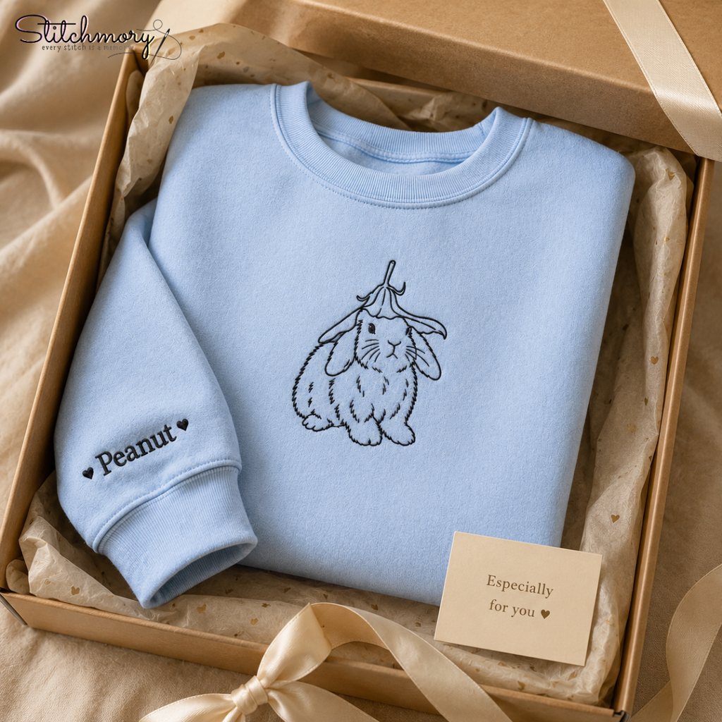 Personalized Bunny Minimal Line Art Embroidered Sweatshirt with Name, Custom Rabbit Portrait